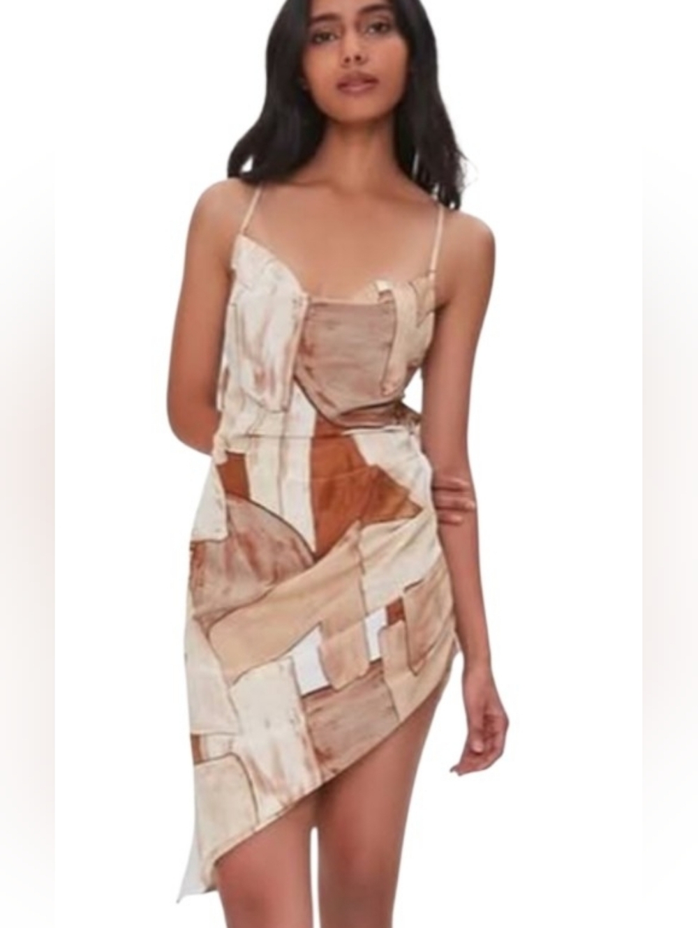 Forever 21 Cream and Brown Asymmetrical Slip Dress